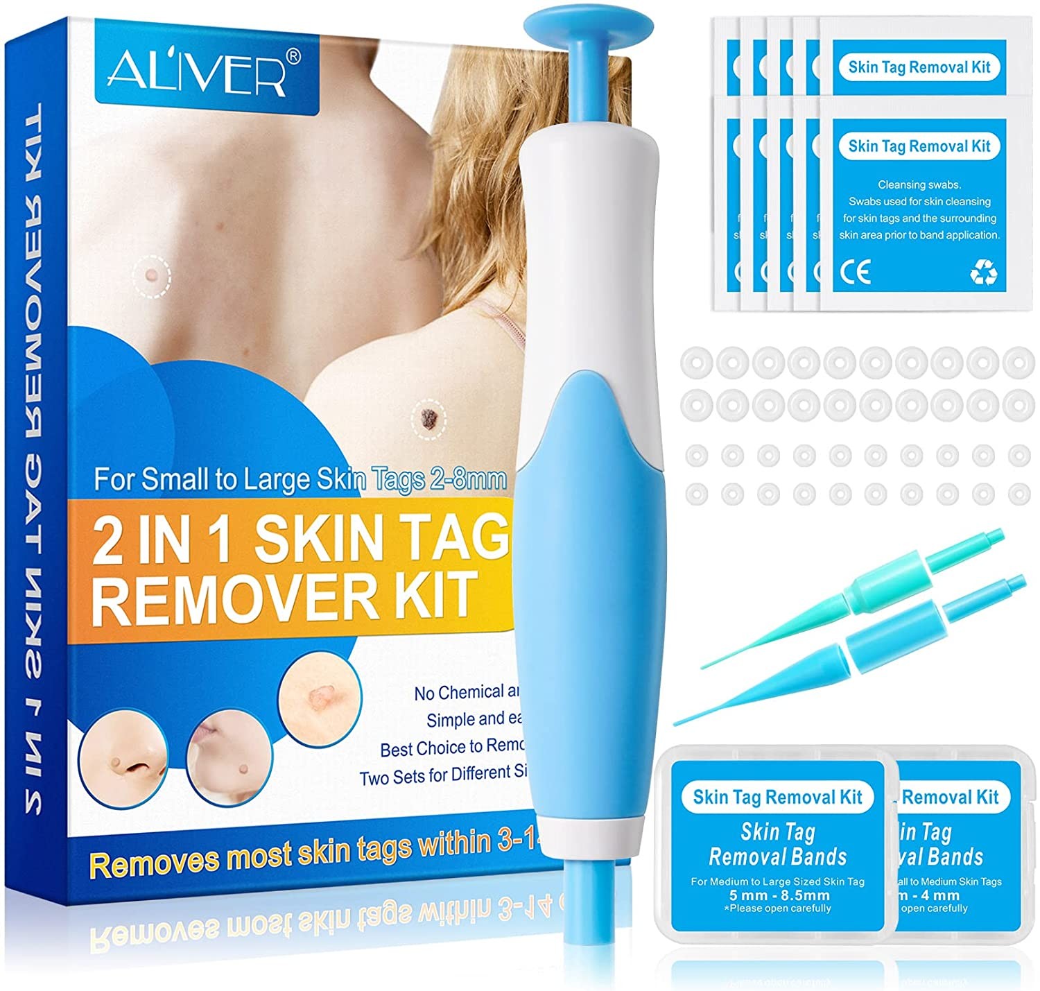 Skin Tag Remover, Painless Skin Tag Remover Kit Mole Remover 适用于大型皮肤标签（2mm-8.5mm），（包括 20 个条带和清洁湿巾）几分钟内即可使用