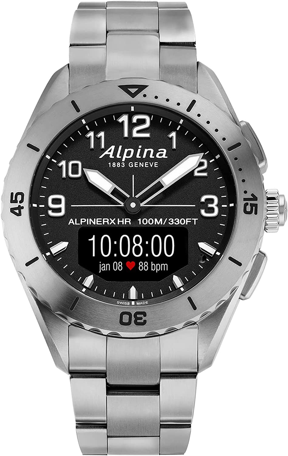 Alpina 男士模拟数字瑞士石英手表，钛金属表带银色